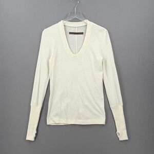 ENZA COSTA Cashmere Cuffed U Neck Top Womens Medium Cream Quite Luxury NEW
